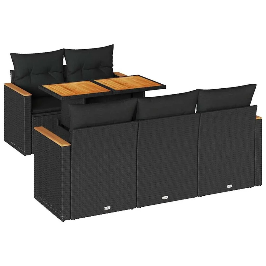 vidaXL 6-teilige Garten-Sofagarnitur aus Poly-Rattan und Akazienholz in Schwarz mit Kissen - Bild 2