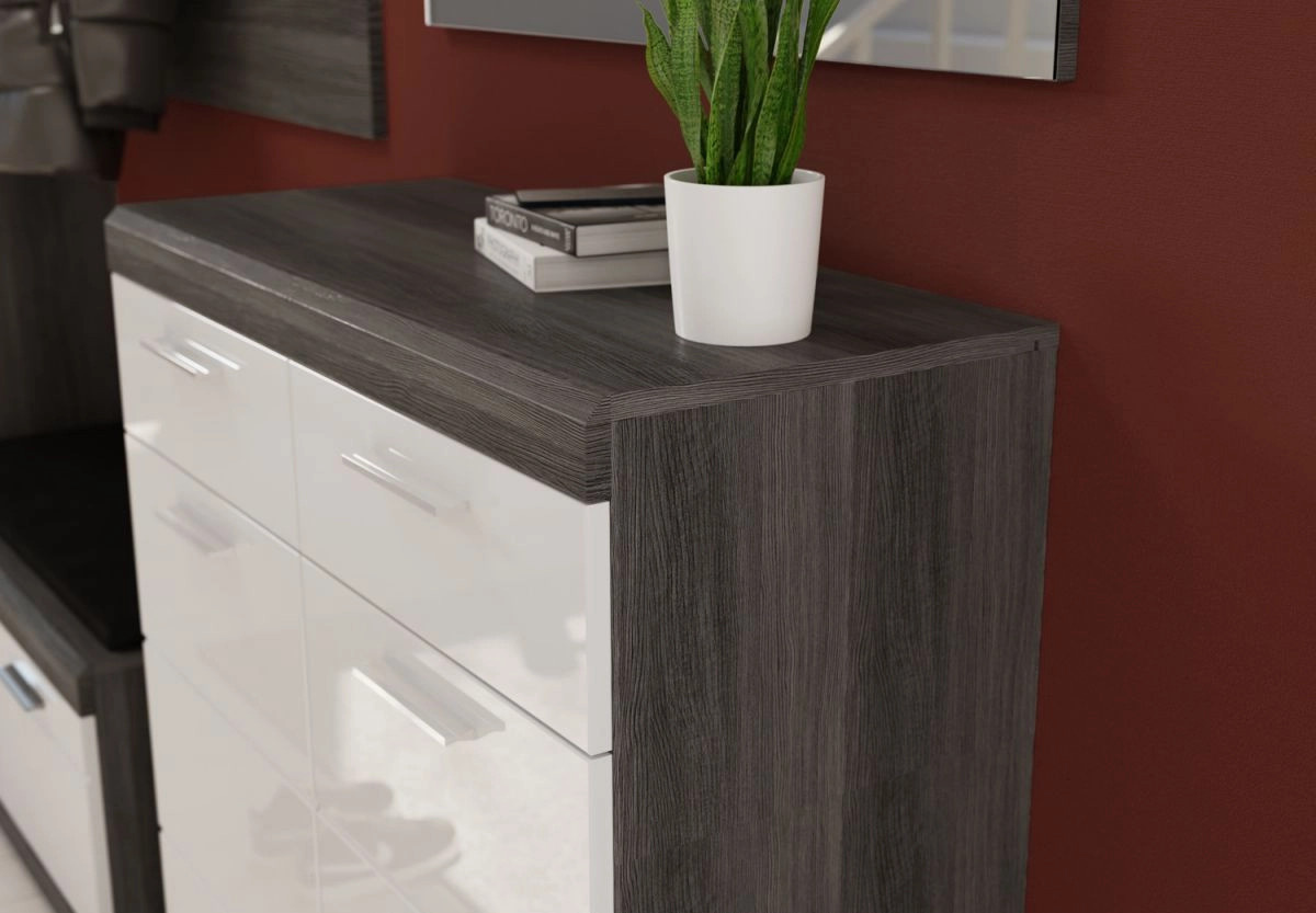 Inn.Furn Garderoben-Set Shawn 5-teilig in Weiß Hochglanz und Grau mit Schuhschrank, Sitzbank, Spiegel und Wandpaneel, B/T/H: 197 x 40 x 272 cm - Bild 3