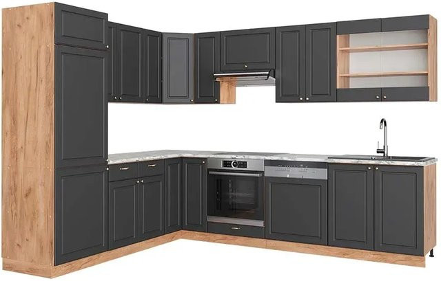 Vicco Fame-Line Eckküche Landhausstil in Anthrazit und Eiche mit Marmor-Optik, B/T/H: 227 x 287 cm - Bild 1
