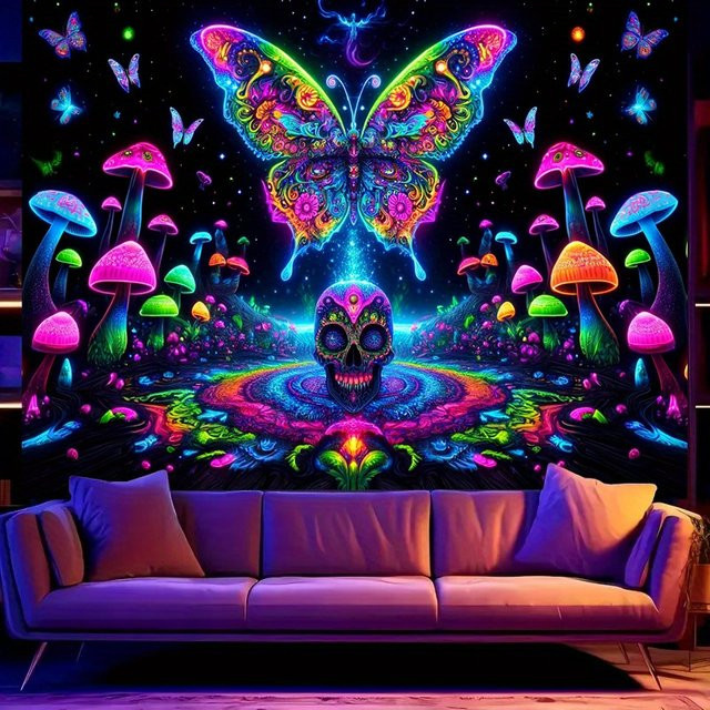 VIKAMA Halloween Wandteppich mit psychedelischem Schmetterlings- und Totenkopf-Design in Multicolour, B/H: 60 x 40 cm - Bild 1