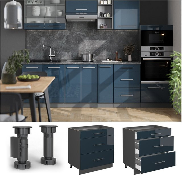 Vicco Küchenunterschrank Fame-Line Dunkelblau Hochglanz und Anthrazit mit 3 Schubladen B: 80 cm, H: 82 cm, T: 51,04 cm - Bild 3
