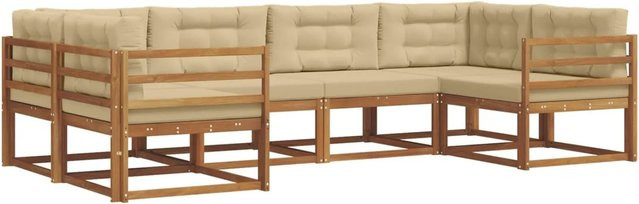 vidaXL Outdoor-Sofagarnitur 6-teilig aus Akazienholz in Natur und Beige mit Kissen und L-Form - Bild 1