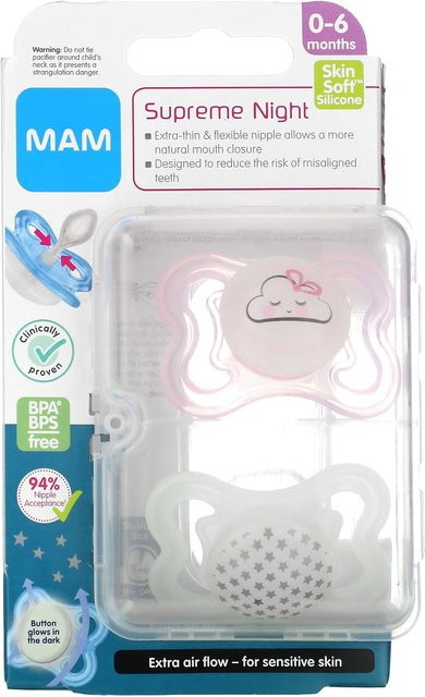 MAM Supreme Nighttime Schnuller 2er-Pack für 0-6 Monate, Rosa/Klar, BPA-frei und sterilisierbar - Bild 1