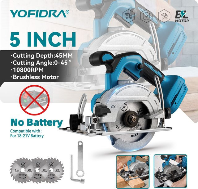 YOFIDRA Akku-Kreissäge bürstenlos 5 Zoll mit 10800 U/min, blau, kompatibel mit Makita 18V LXT Akku - Bild 1