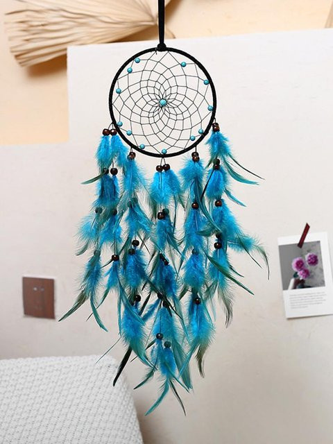 SEEQS Nordischer Traumfänger in Blau, handgewebtes Boho Windspiel mit Federn als hängendes Wandornament - Bild 1