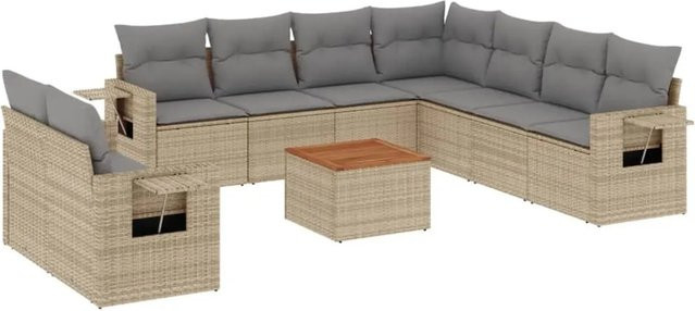 vidaXL 10-tlg. Garten-Sofagarnitur in L-Form aus Polyrattan und Akazienholz mit Kissen in Beige-Grau - Bild 1