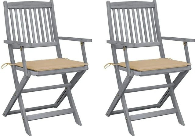 vidaXL Set aus 2 klappbaren Gartenstühlen aus Akazienholz mit Sitzkissen in Grau und Beige - Bild 1
