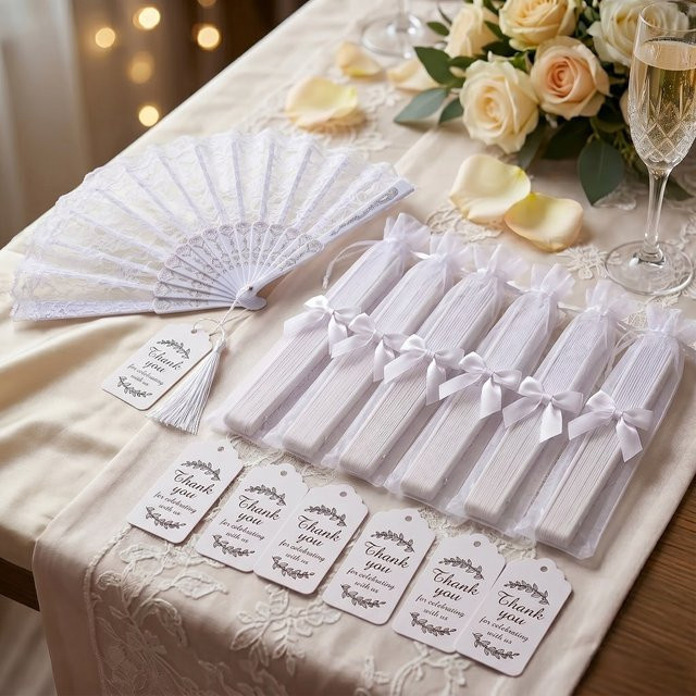 Elegante weiße Spitzen-Faltfächer mit Schleifen, Geschenktüte und Karte als Gastgeschenke für Hochzeit und Brautparty - Bild 1