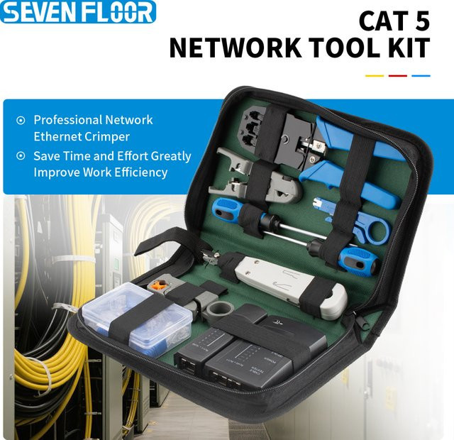 Cat5 RJ45 Crimpwerkzeug-Set mit Netzwerktester, Krone Punch-Down-Werkzeug, Kabelabisolierer und Zubehör für Steckverbinder und Stecker - Bild 1