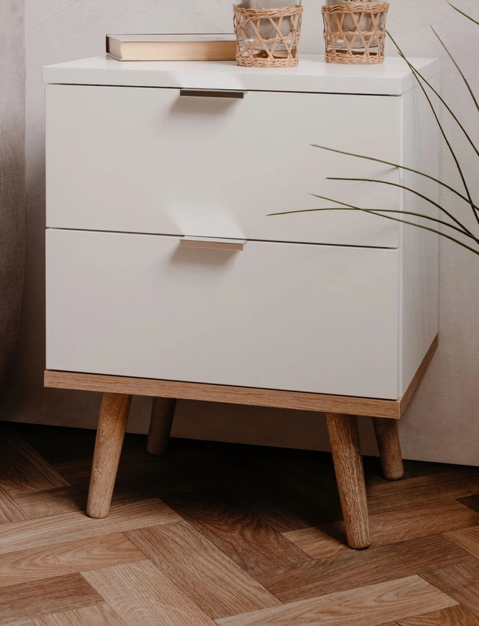 Nachttisch Lundby von Furn.Design in Weiß Matt und Eiche im skandinavischen Design mit 2 Schubkästen, B/T/H: 40 x 30 x 52 cm - Bild 1