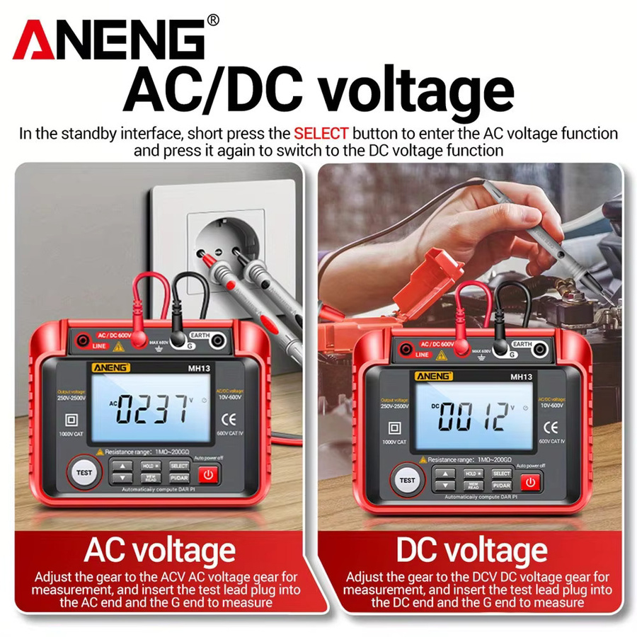 ANENG MH13 Digitaler Isolationswiderstandsmesser Megohmmeter und Spannungsprüfer in Rot - Bild 4