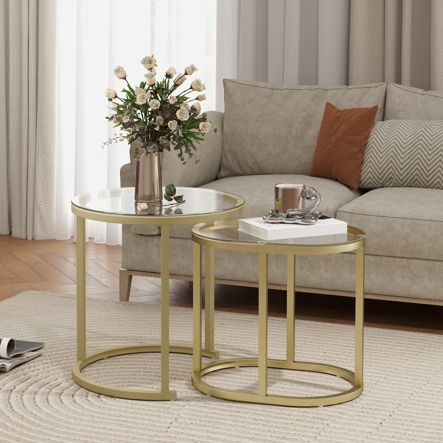 HOMCOM Couchtisch 2er Set rund mit Glasplatte und Stahlrahmen in Gold und Schwarz - Bild 2