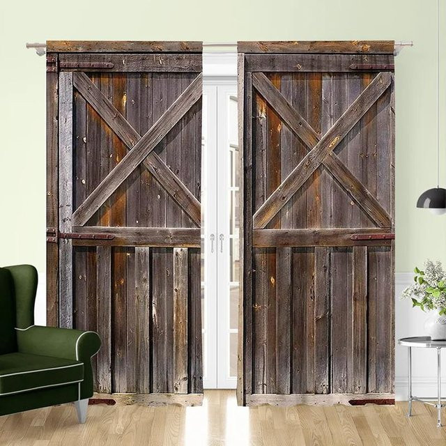 2er-Set Yiran Furniture Vorhänge im rustikalen Holzhütten-Design, halbtransparent, braun, B: 65 cm, H: 60 cm - Bild 1