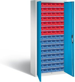 C+P Magazinschrank mit 90 Sichtlagerkästen und Scharniertüren, Korpus Lichtgrau, Front Lichtblau, H 169,0 cm x B 70,0 cm x T 30,0 cm - Bild 1