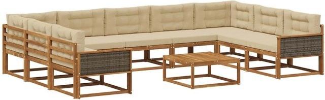 vidaXL Outdoor-Sofagarnitur in L-Form aus Akazienholz mit 10 Kissen, Farbe Natur-Beige - Bild 1