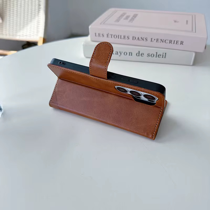 Samsung Kunstleder Flip-Hülle mit Kartenfach für Galaxy S26 Ultra S25 S24 S23 S22 Plus FE A17 A37 A56 A57 Rundum-Schutz in Grün und Braun - Bild 1