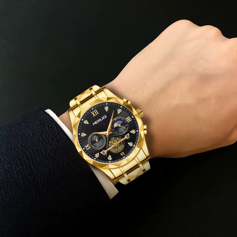 MEIRUIQI Armbanduhr Quarz, Edelstahl, Gold, Schwarz, Herren - Bild 6