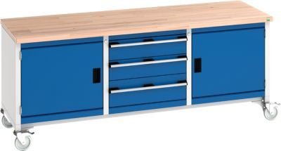Bott Kastenwerkbank cubio aus Buche-Massiv mit 3 Schubladen und 4 Lenkrollen, Farbe: enzianblau/lichtgrau, B: 200 cm, T: 75 cm, H: 84 cm - Bild 1