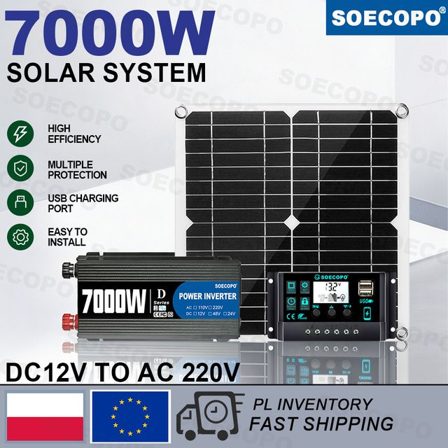 SOECOPO Off-Grid-Solarsystem-Kit mit flexiblem Solarmodul, 750W Wechselrichter der D-Serie und LCD-Solarregler, 12V zu 220V, Schwarz - Bild 1