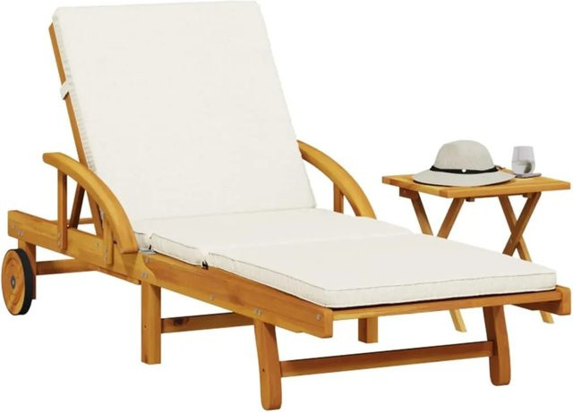 vidaXL Sonnenliege aus massivem Akazienholz mit Auflage und Tisch in Braun, B/T/H: 200 x 68 x 30-83 cm - Bild 1
