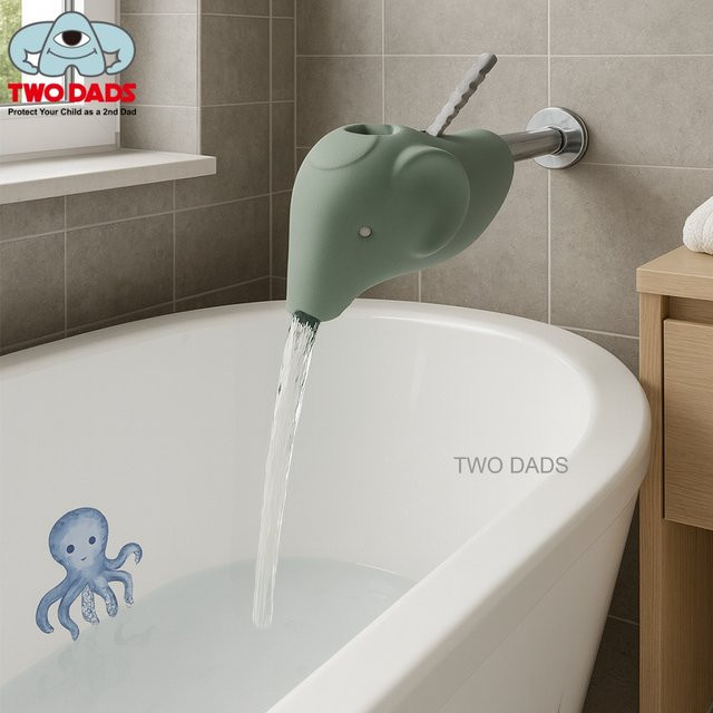 Two Dads Badewannen-Wasserhahnschutz aus weichem Schaumstoff mit verstellbarem Riemen in Blau und Grün - Bild 1