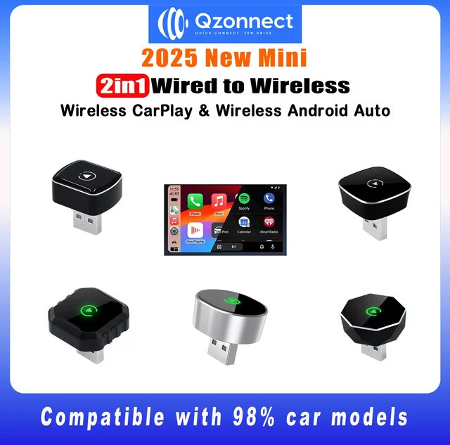 Qzonnect 2025 Kabelloser CarPlay und Android Auto Adapter in Schwarz mit geringer Latenz und verbessertem Chip für kabelgebundene Fahrzeuge - Bild 1