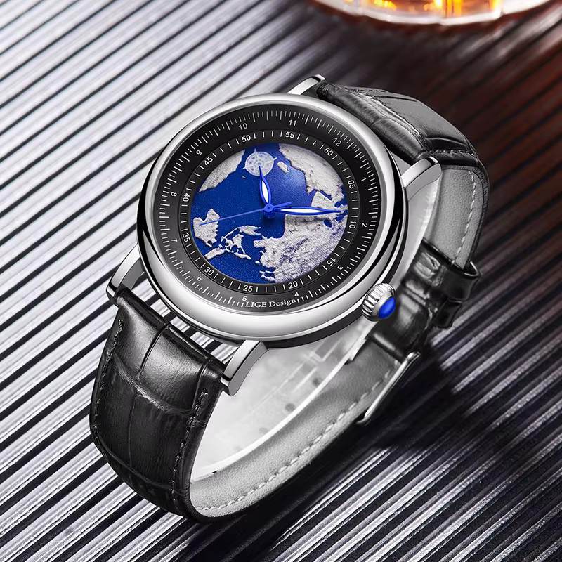 LIGE Armbanduhr Quarz, Leder, Blau, Edelstahl, Herren - Bild 4