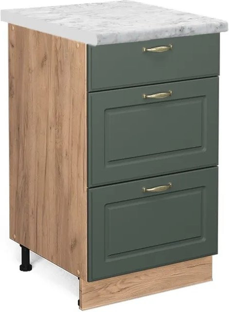 Vicco Küchenunterschrank Fame-Line Landhausstil in Grün-Gold mit Eichenoptik und Marmor-Effekt, B: 50 cm, H: 82 cm, T: 60 cm - Bild 1