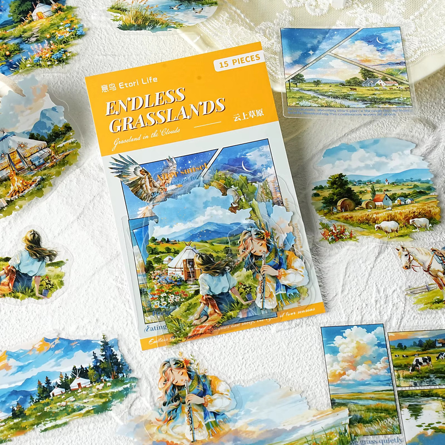 Etori Life Cloud Grassland Aufkleber Set mit Wolken- und Sternenhimmel-Motiven, 15 Stück, Multicolor, DIY-Bastelbedarf für Scrapbooking und Journal-Collagen - Bild 2