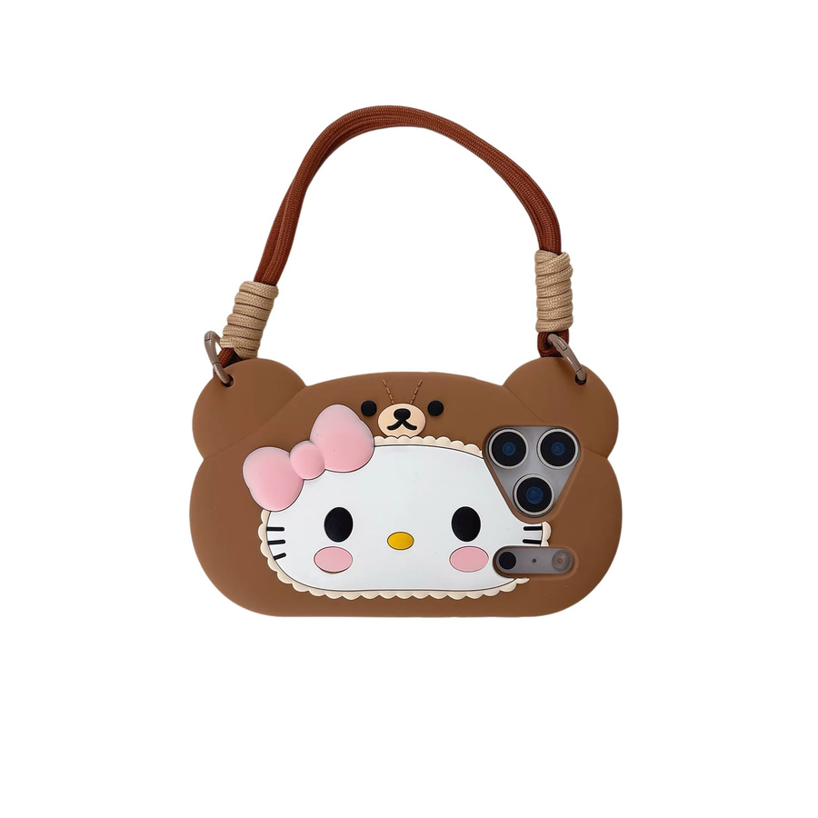 Kawaii 3D Bär Hello Kitty Handyhülle für iPhone 17 16 15 14 13 12 Pro Max Plus 16e 17 Pro mit Lanyard in Braun - Bild 7