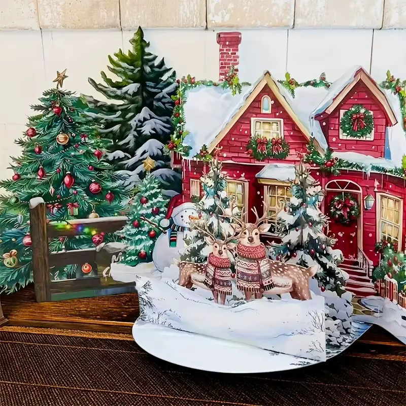 1 Set 3D-Weihnachtskarten Night Before Christmas mit Weihnachtsmann, Rentier und verschneitem Dorf in Mehrfarbig - Bild 2