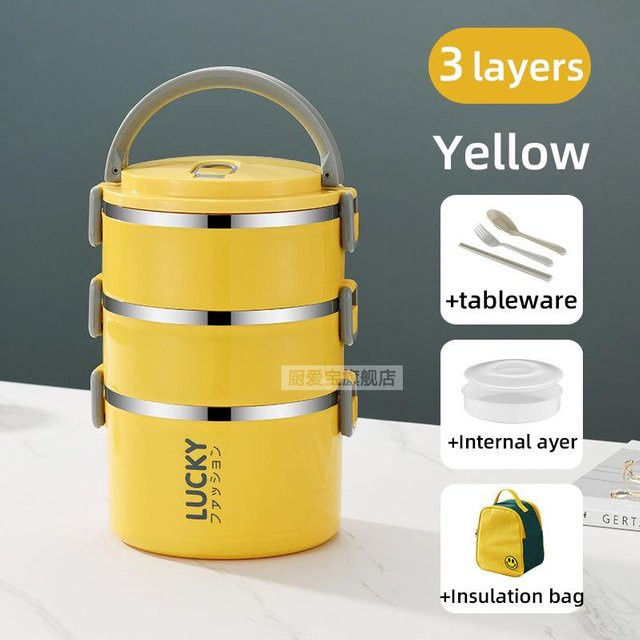 Isolierte Lunchbox aus Edelstahl mit Besteck und Smiley-Tasche von Twogo-w in Gelb - Bild 1