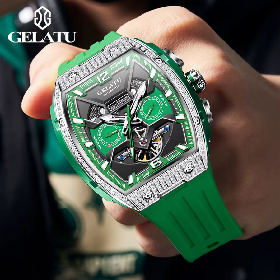 GELATU Armbanduhr, Automatik, Diamant, Silikonarmband, Herren, Grün - Bild 2