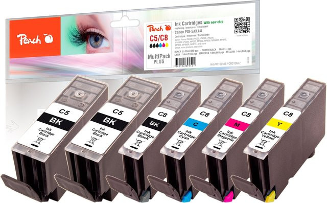 Peach C5 XL Druckerpatronen Set für Canon Pixma IP 4200, IP 4200 X, IP 4300, ersetzt PGI-5 und CLI-8, 6er Pack Multicolor - Bild 1