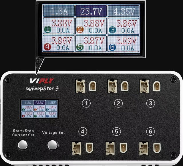 VIFLY WhoopStor 3 V3 6-Port 1S LIPO Akku-Ladegerät und -Entlader mit Speicherfunktion für FPV Tinywhoop, BT2.0 und PH2.0, Weiß - Bild 1