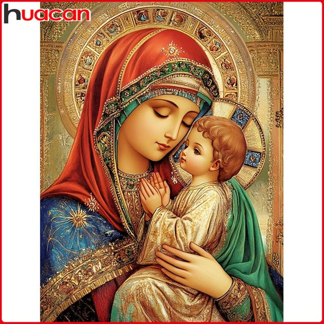Huacan Diamantgemälde Heilige Mutter mit Kind als religiöses Porträt mit Rundbohrern in Mehrfarbig, B/H: 30 x 20 cm - Bild 1