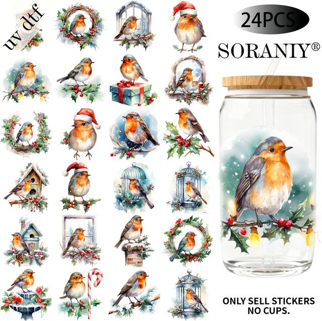 24-teiliges Set Weihnachts-Robin UV DTF DIY Transferpapier-Aufkleber, Mehrfarbig - Bild 1