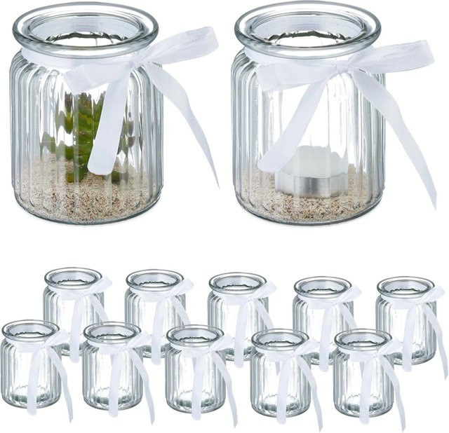 Relaxdays Windlichter 12er Set aus Glas, geriffelt, Transparent Weiß, Durchmesser: 7,5 cm, Höhe: 9,5 cm - Bild 1