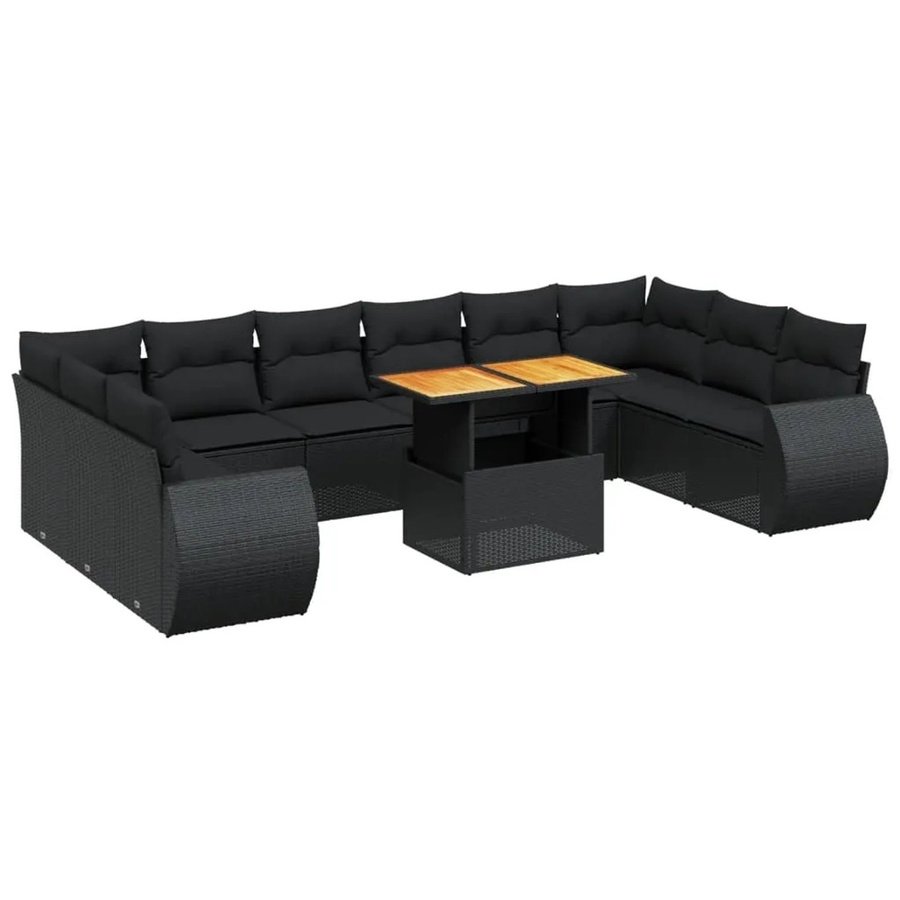 vidaXL 11-tlg. Garten-Sofagarnitur in L-Form aus Polyrattan und Akazienholz mit Kissen, Schwarz - Bild 2