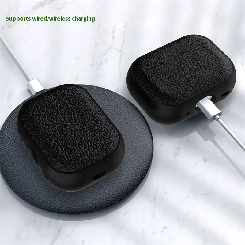 Luxus Lychee Leder Schutzhülle für Apple AirPods Pro mit Haken und Trageriemen in Schwarz - Bild 1