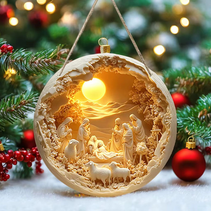 Beiges Hängeornament aus Holz als flache Krippe für Weihnachten und Ostern, Durchmesser: 20 cm - Bild 2