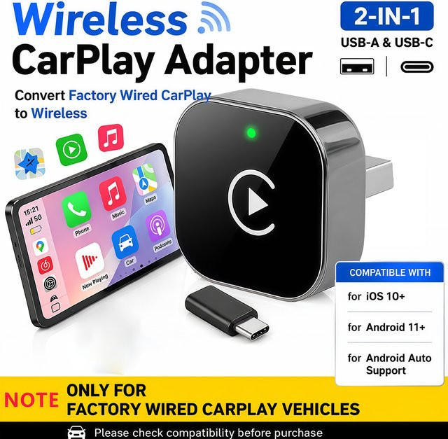 Vyvylabs 2-in-1 Kabelloser CarPlay-Adapter und USB-C Konverter in Schwarz für iOS 10+ und Android 11+ mit USB-A und USB-C Unterstützung - Bild 1