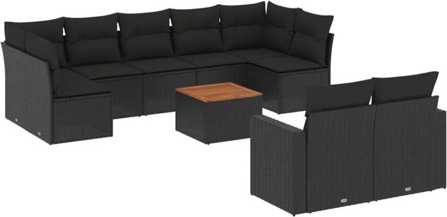 vidaXL 10-tlg. Garten-Sofagarnitur in L-Form aus Polyrattan mit Kissen und Couchtisch, Schwarz - Bild 1