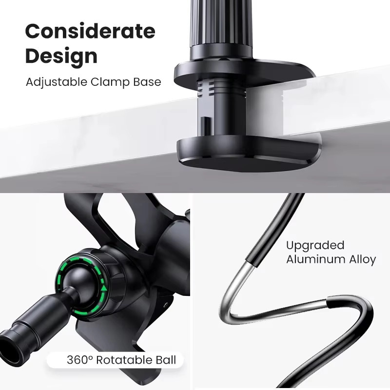 Flexibler Telefonhalter Ständer in Schwarz mit 90 cm langem Arm und 360 Grad Drehung für Smartphones und Tablets von 3,5 bis 6,7 Zoll - Bild 4