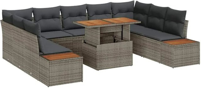 vidaXL Garten-Sofa-Set aus Poly-Rattan in Grau mit 10-teiligem Set inklusive Stauraum und Polsterkissen - Bild 1