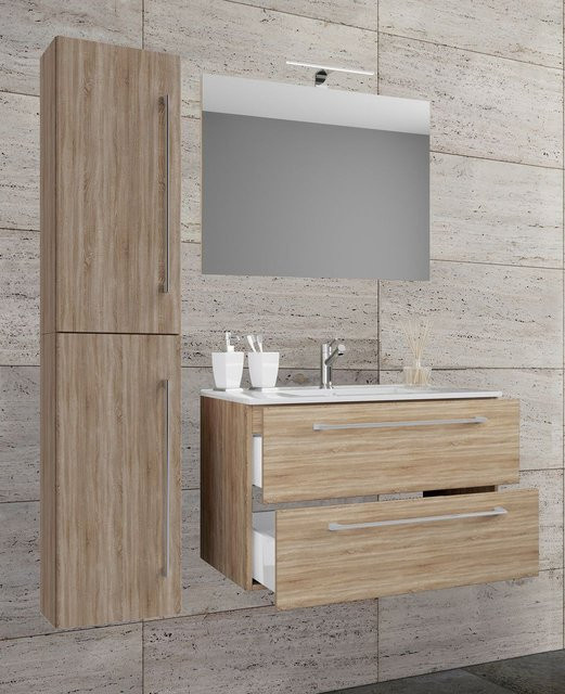 VCM Badinos 4-tlg. Badmöbel Set in Eiche Sonoma, Waschplatz mit Keramik-Waschbecken, Unterschrank, Spiegel und Hochschrank, Braun, B/T/H: 81 x 46 x 150 cm - Bild 1