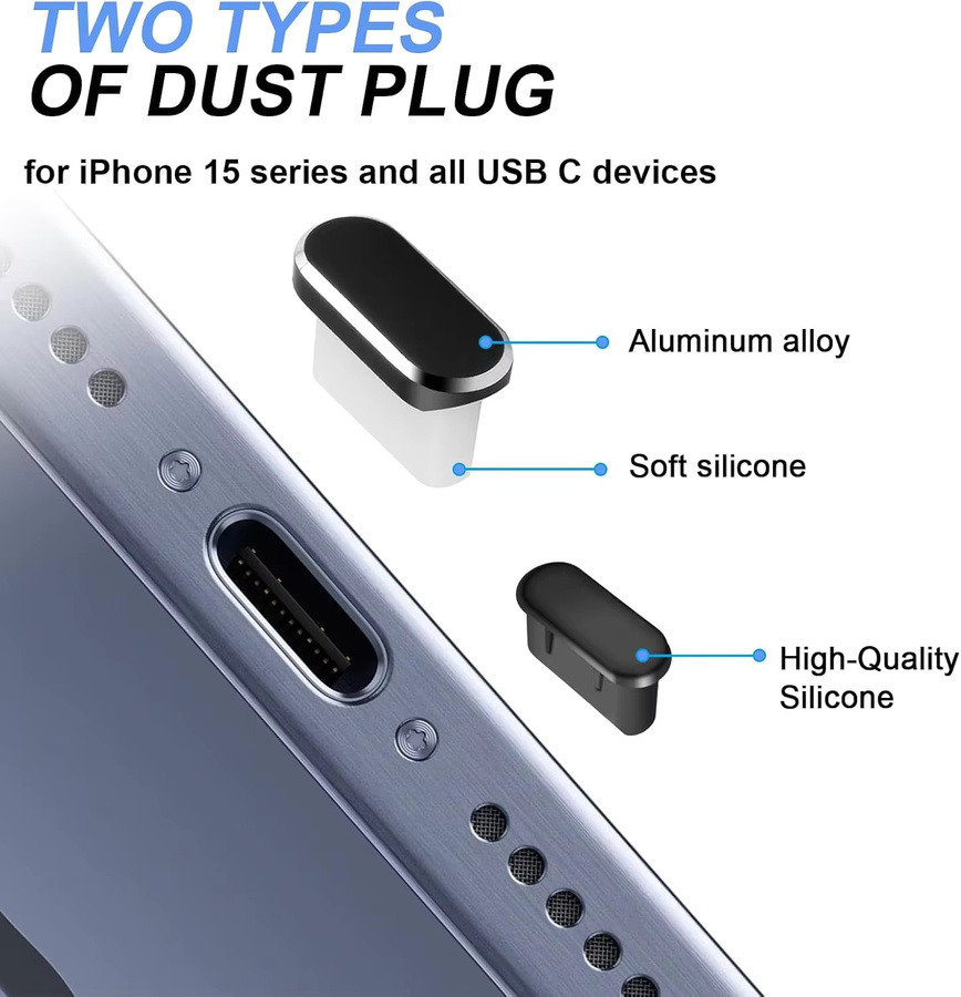 4er-Set USB-C Staubstecker-Abdeckungen in Schwarz mit Reinigungssatz für iPhone 15 und 16 Serie - Bild 3