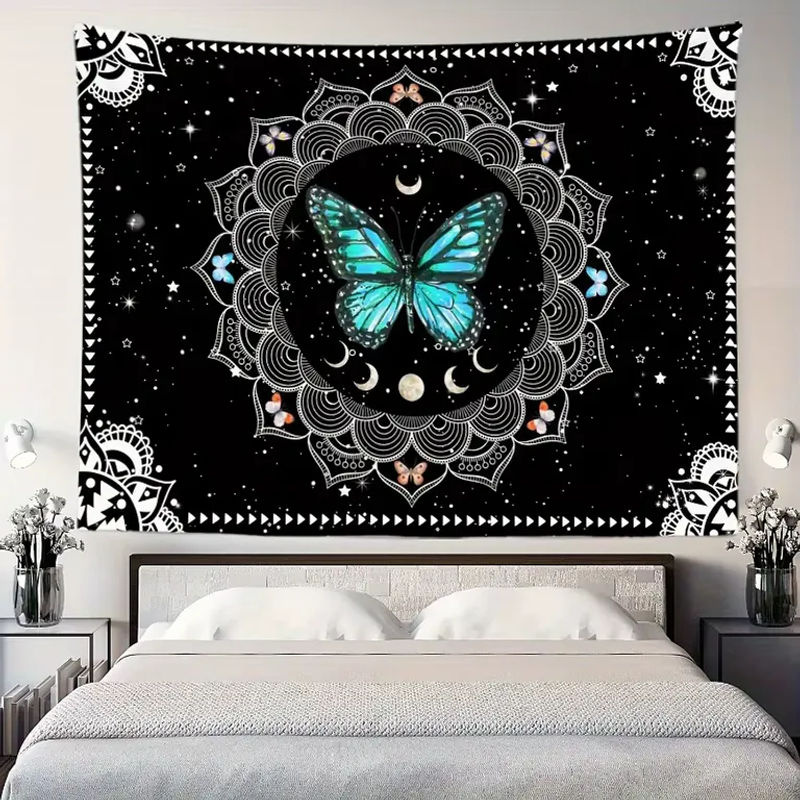 VIKAMA Schmetterlings Wandteppich in Schwarz-Weiß-Blau, dekorativer Bohemian Wandbehang mit Schmetterlings-Motiv für Wohnzimmer und Schlafzimmer - Bild 3