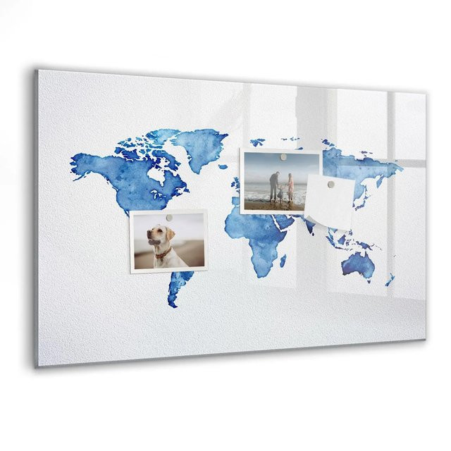 Tulup Magnetische Glastafel Aquarell Weltkarte, beschreibbare Magnettafel in Blau und Multicolour, B: 60 cm, H: 40 cm - Bild 1