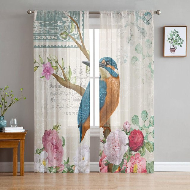 Transparente Vintage Vorhänge mit Blumen- und Vogelmuster aus Tüll und Organza, Farbe: Weiß, Breite: 135 cm, Höhe: 245 cm - Bild 1